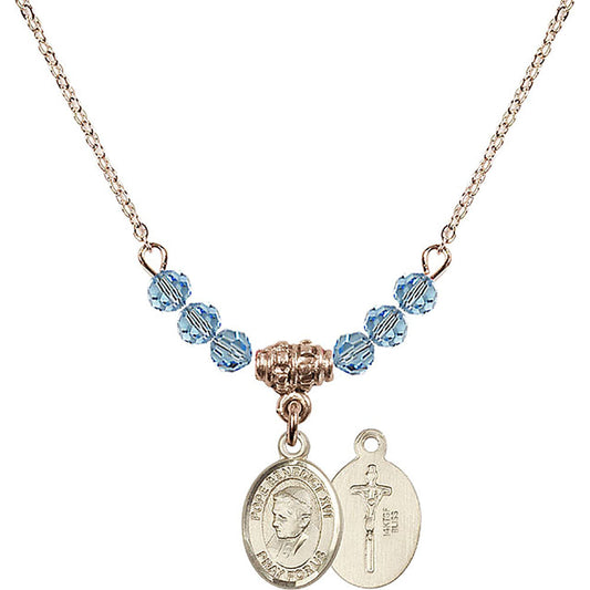 14kt Gold Filled Pope Emeritace Benedict XVI Birthstone Necklace with Aqua Beads - 9235