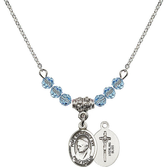 Sterling Silver Pope Emeritace Benedict XVI Birthstone Necklace with Aqua Beads - 9235