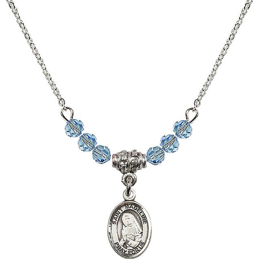 Sterling Silver Saint Madeline Sophie Barat Birthstone Necklace with Aqua Beads - 9236