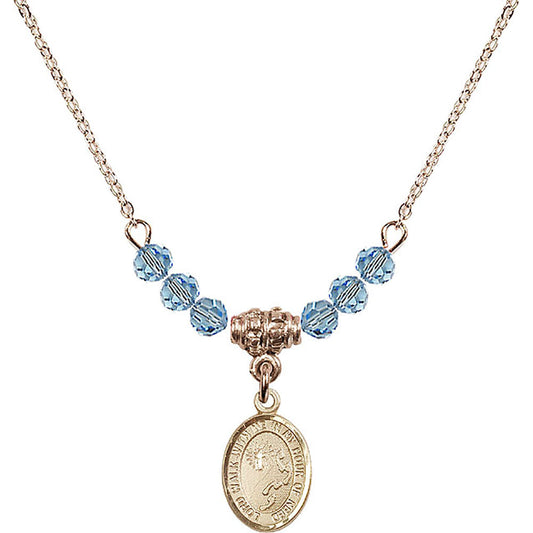 14kt Gold Filled Footprints / Cross Birthstone Necklace with Aqua Beads - 9237