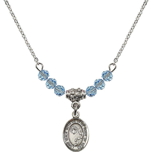 Sterling Silver Footprints / Cross Birthstone Necklace with Aqua Beads - 9237