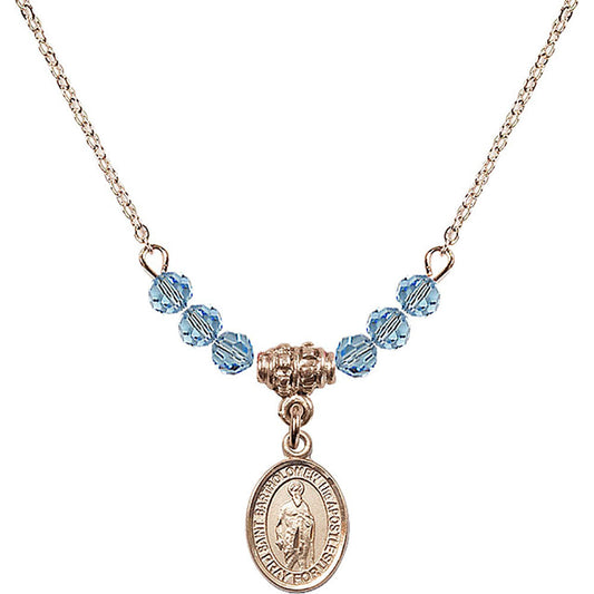 14kt Gold Filled Saint Bartholomew the Apostle Birthstone Necklace with Aqua Beads - 9238