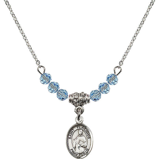 Sterling Silver Saint Placidus Birthstone Necklace with Aqua Beads - 9240