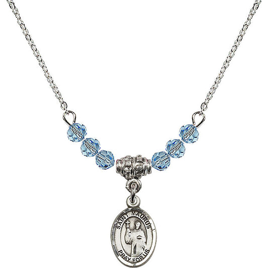 Sterling Silver Saint Maurus Birthstone Necklace with Aqua Beads - 9241