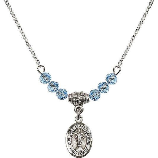 Sterling Silver Our Lady of All Nations Birthstone Necklace with Aqua Beads - 9242