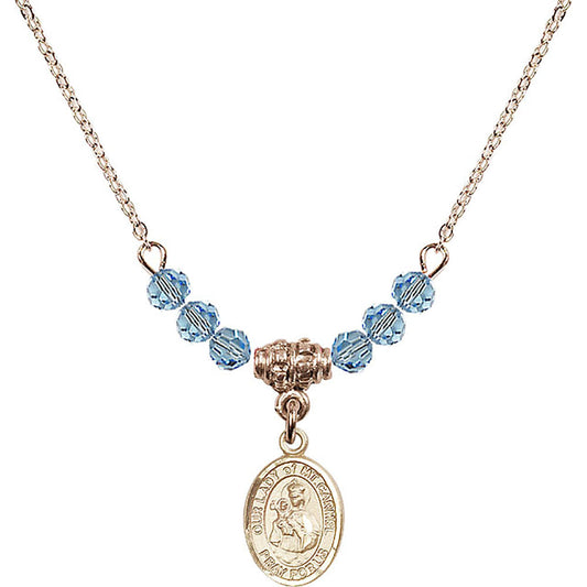 14kt Gold Filled Our Lady of Mount Carmel Birthstone Necklace with Aqua Beads - 9243