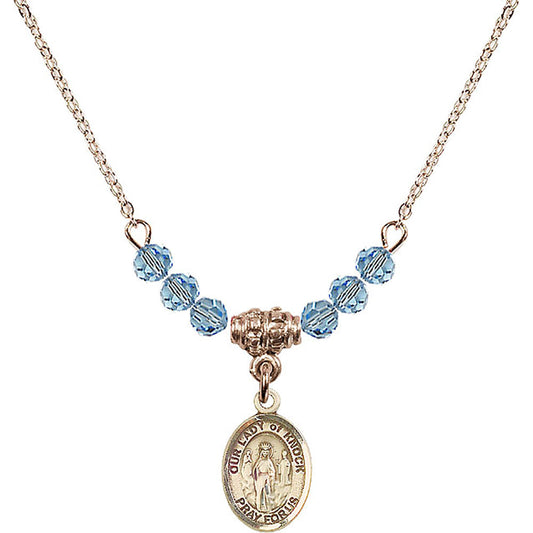 14kt Gold Filled Our Lady of Knock Birthstone Necklace with Aqua Beads - 9246