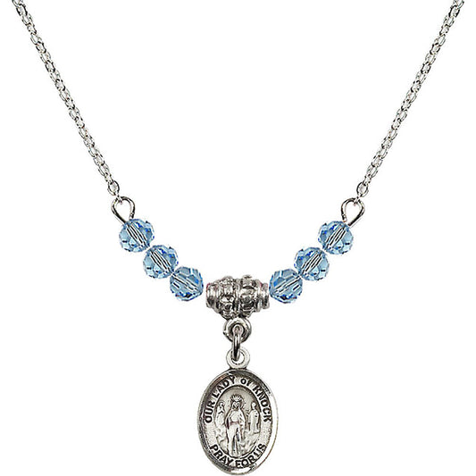 Sterling Silver Our Lady of Knock Birthstone Necklace with Aqua Beads - 9246