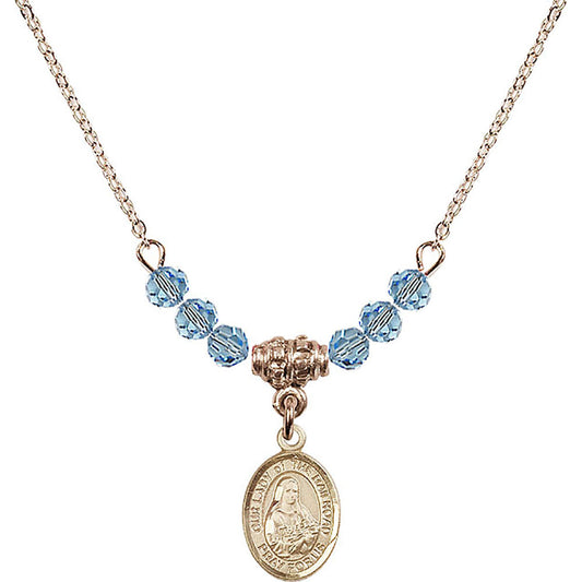 14kt Gold Filled Our Lady of the Railroad Birthstone Necklace with Aqua Beads - 9247