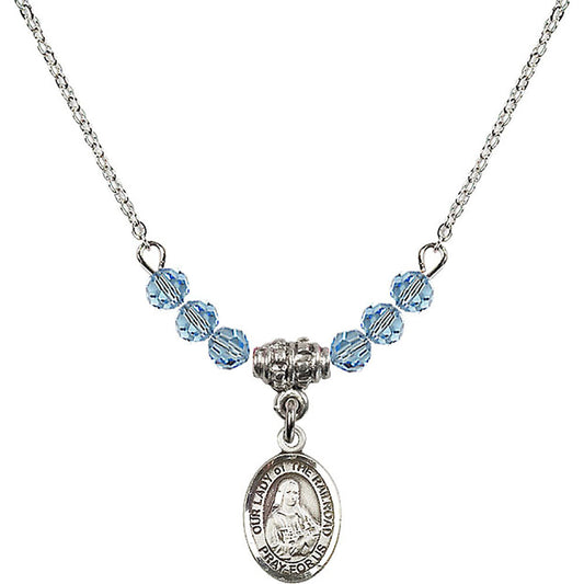 Sterling Silver Our Lady of the Railroad Birthstone Necklace with Aqua Beads - 9247