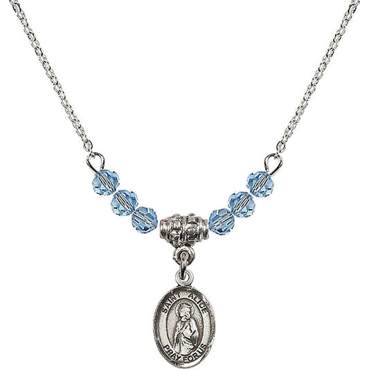 Sterling Silver Saint Alice Birthstone Necklace with Aqua Beads - 9248