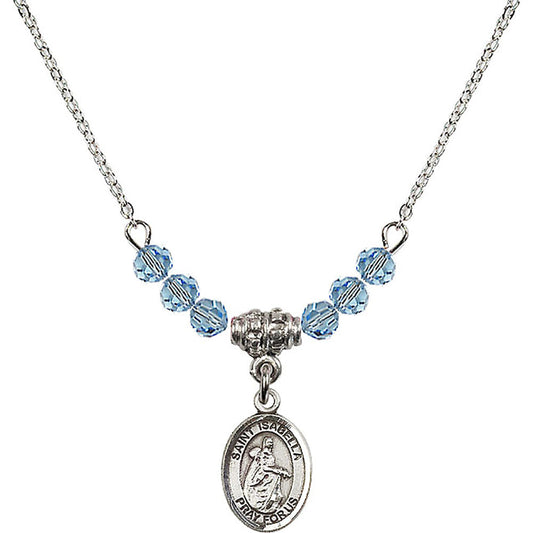 Sterling Silver Saint Isabella of Portugal Birthstone Necklace with Aqua Beads - 9250