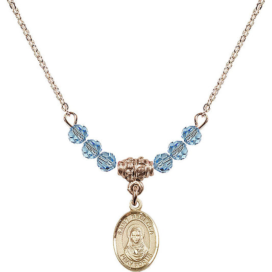 14kt Gold Filled Saint Rebecca Birthstone Necklace with Aqua Beads - 9252