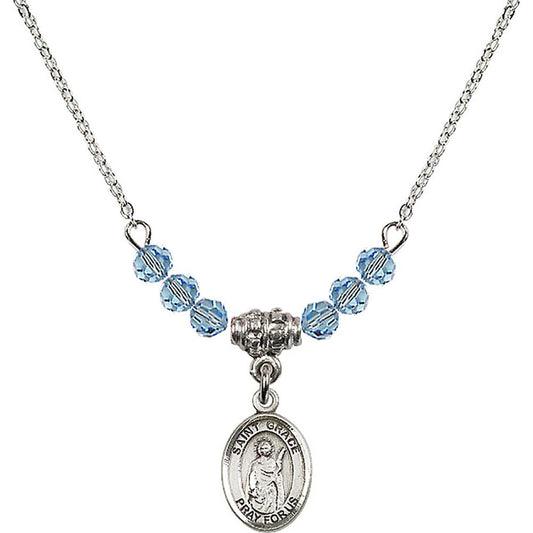 Sterling Silver Saint Grace Birthstone Necklace with Aqua Beads - 9255