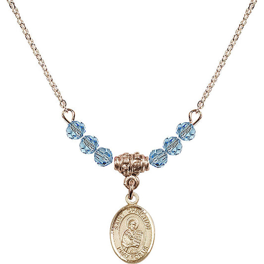 14kt Gold Filled Saint Christian Demosthenes Birthstone Necklace with Aqua Beads - 9257