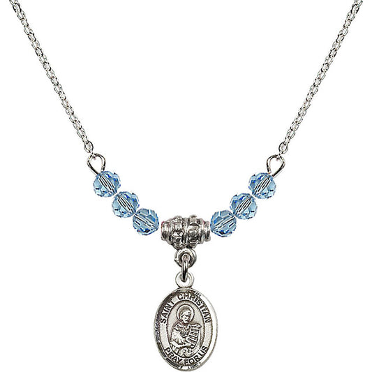 Sterling Silver Saint Christian Demosthenes Birthstone Necklace with Aqua Beads - 9257