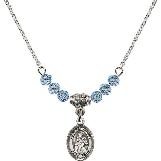 Sterling Silver Saint Isaiah Birthstone Necklace with Aqua Beads - 9258