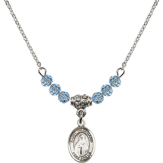 Sterling Silver Saint Hildegard von Bingen Birthstone Necklace with Aqua Beads - 9260
