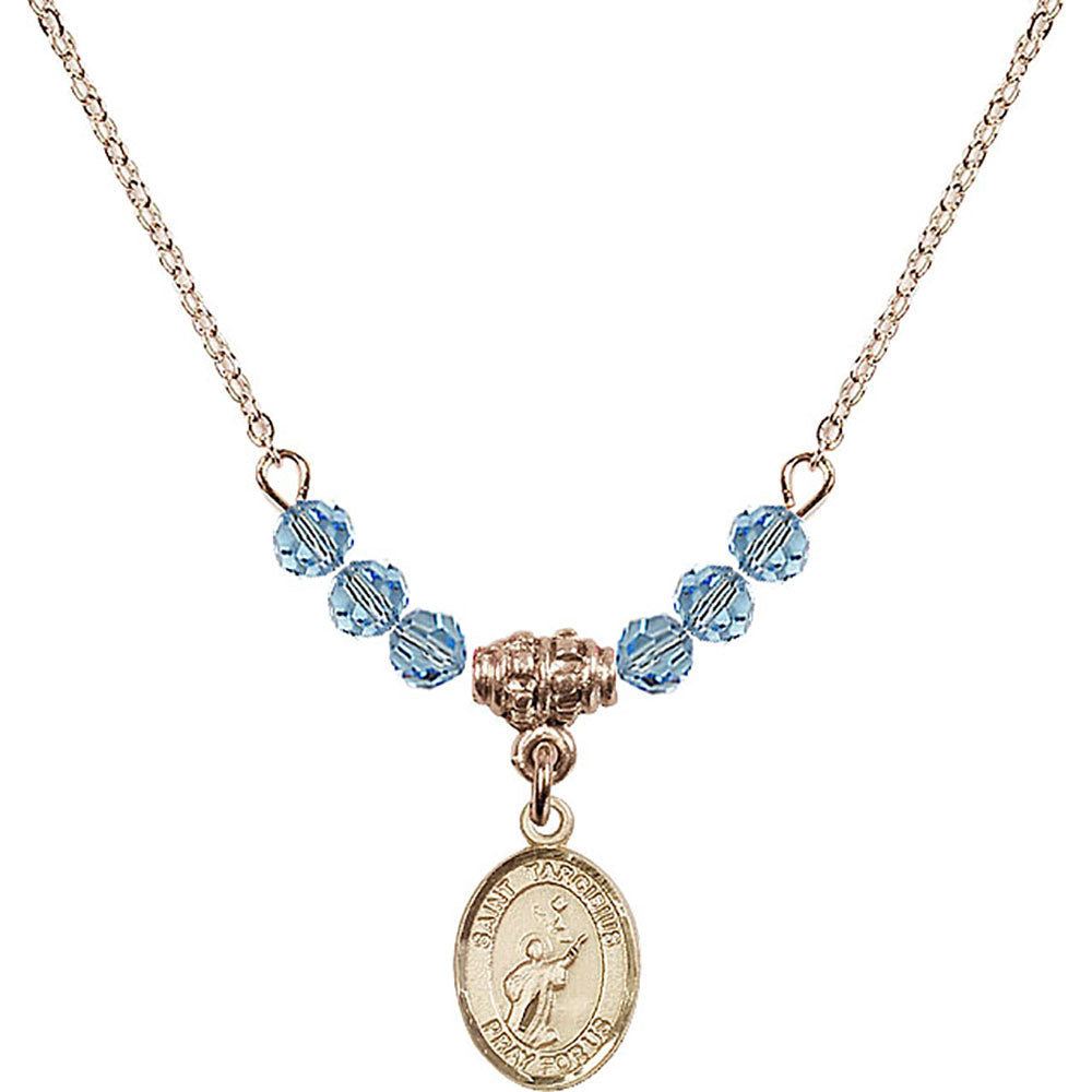 14kt Gold Filled Saint Tarcisius Birthstone Necklace with Aqua Beads - 9261