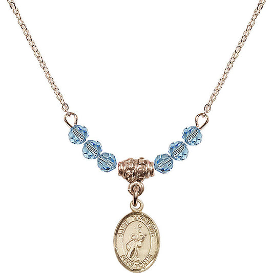 14kt Gold Filled Saint Tarcisius Birthstone Necklace with Aqua Beads - 9261