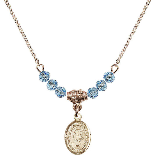 14kt Gold Filled Saint John Baptist de la Salle Birthstone Necklace with Aqua Beads - 9262