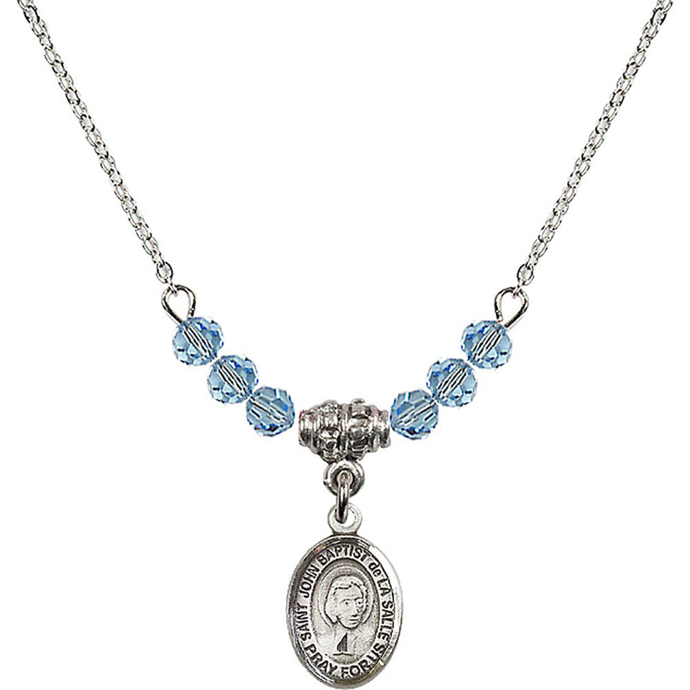 Sterling Silver Saint John Baptist de la Salle Birthstone Necklace with Aqua Beads - 9262