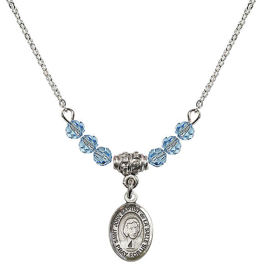Sterling Silver Saint John Baptist de la Salle Birthstone Necklace with Aqua Beads - 9262