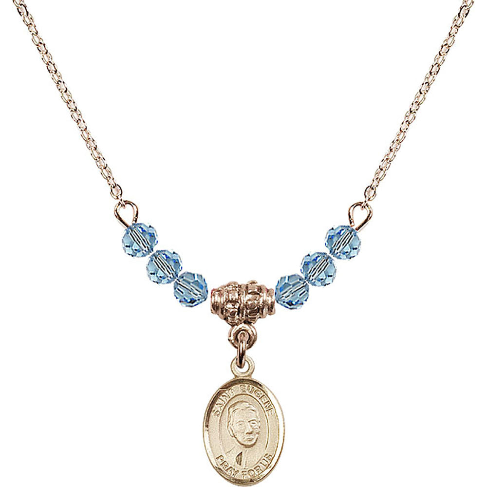 14kt Gold Filled Saint Eugene de Mazenod Birthstone Necklace with Aqua Beads - 9266