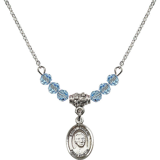 Sterling Silver Saint Eugene de Mazenod Birthstone Necklace with Aqua Beads - 9266