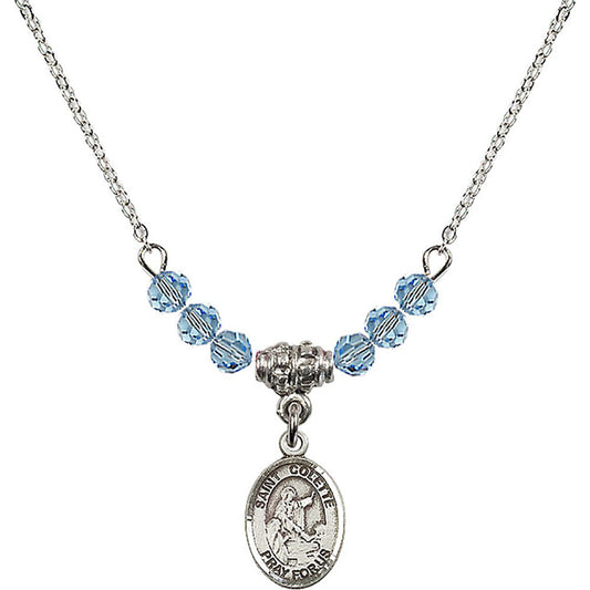 Sterling Silver Saint Colette Birthstone Necklace with Aqua Beads - 9268