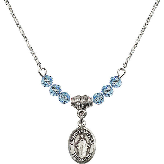 Sterling Silver Our Lady of Africa Birthstone Necklace with Aqua Beads - 9269