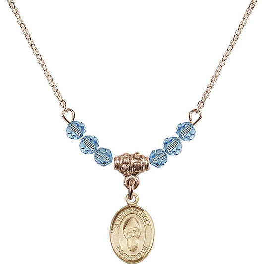 14kt Gold Filled Saint Sharbel Birthstone Necklace with Aqua Beads - 9271