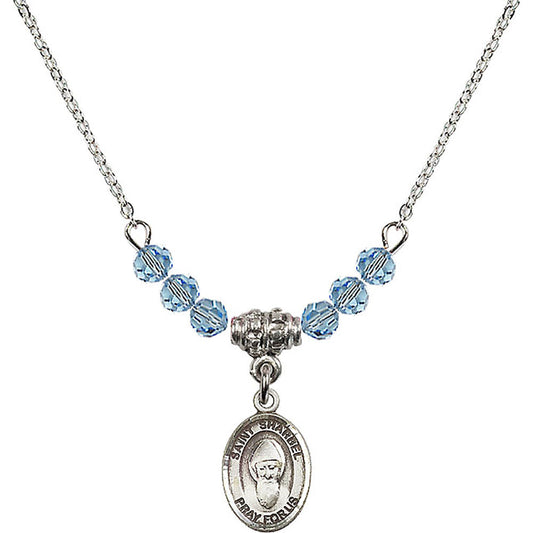 Sterling Silver Saint Sharbel Birthstone Necklace with Aqua Beads - 9271