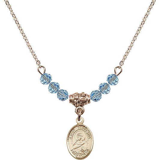 14kt Gold Filled Saint Perpetua Birthstone Necklace with Aqua Beads - 9272