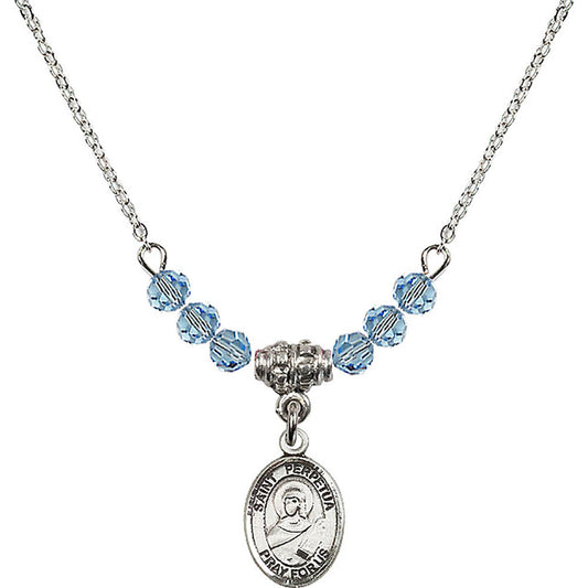 Sterling Silver Saint Perpetua Birthstone Necklace with Aqua Beads - 9272