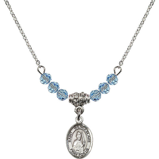 Sterling Silver Saint Wenceslaus Birthstone Necklace with Aqua Beads - 9273