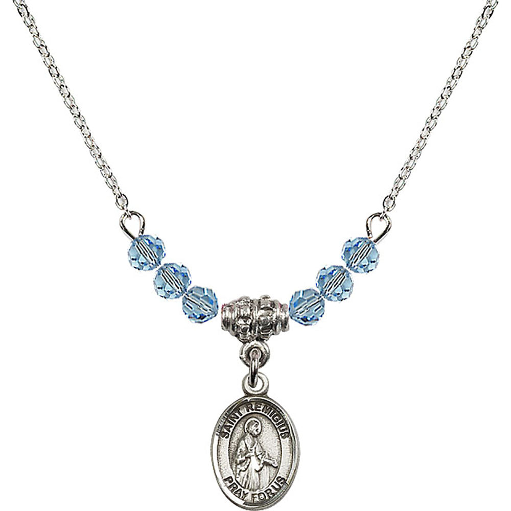 Sterling Silver Saint Remigius of Reims Birthstone Necklace with Aqua Beads - 9274