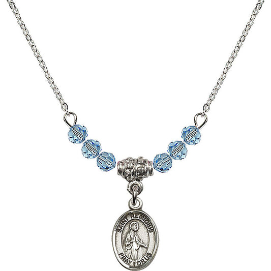 Sterling Silver Saint Remigius of Reims Birthstone Necklace with Aqua Beads - 9274
