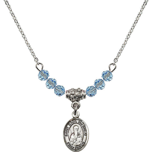 Sterling Silver Saint Basil the Great Birthstone Necklace with Aqua Beads - 9275