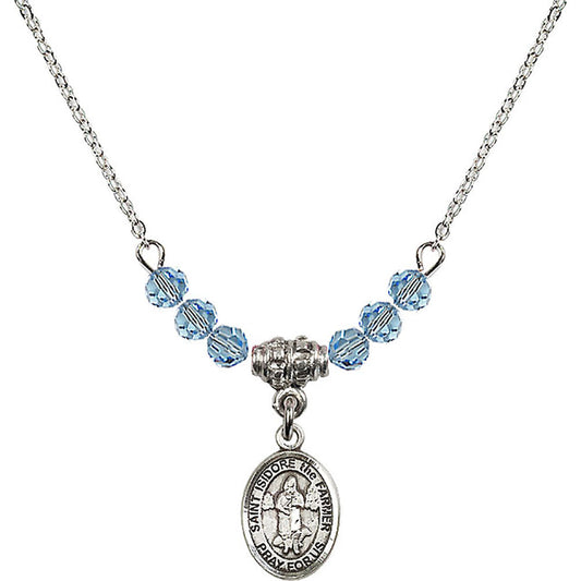 Sterling Silver Saint Isidore the Farmer Birthstone Necklace with Aqua Beads - 9276