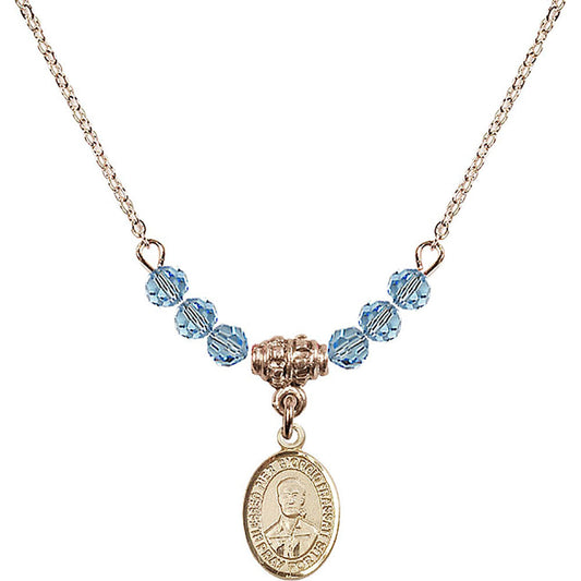 14kt Gold Filled Blessed Pier Giorgio Frassati Birthstone Necklace with Aqua Beads - 9278