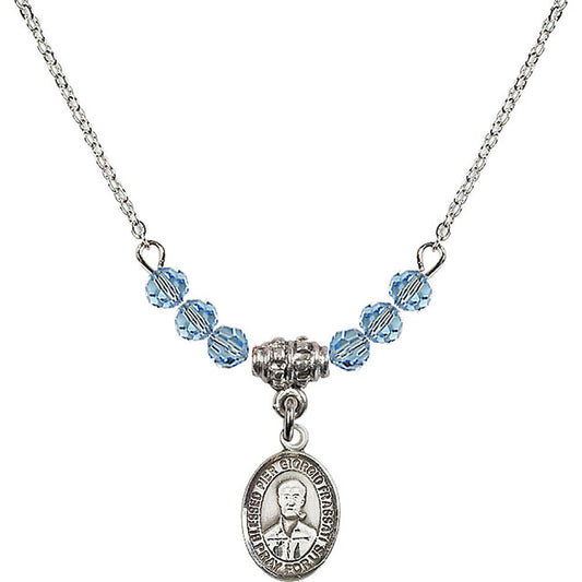Sterling Silver Blessed Pier Giorgio Frassati Birthstone Necklace with Aqua Beads - 9278