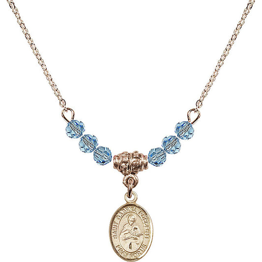 14kt Gold Filled Saint Gabriel Possenti Birthstone Necklace with Aqua Beads - 9279