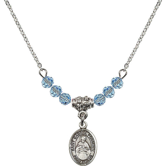 Sterling Silver Saint Gabriel Possenti Birthstone Necklace with Aqua Beads - 9279