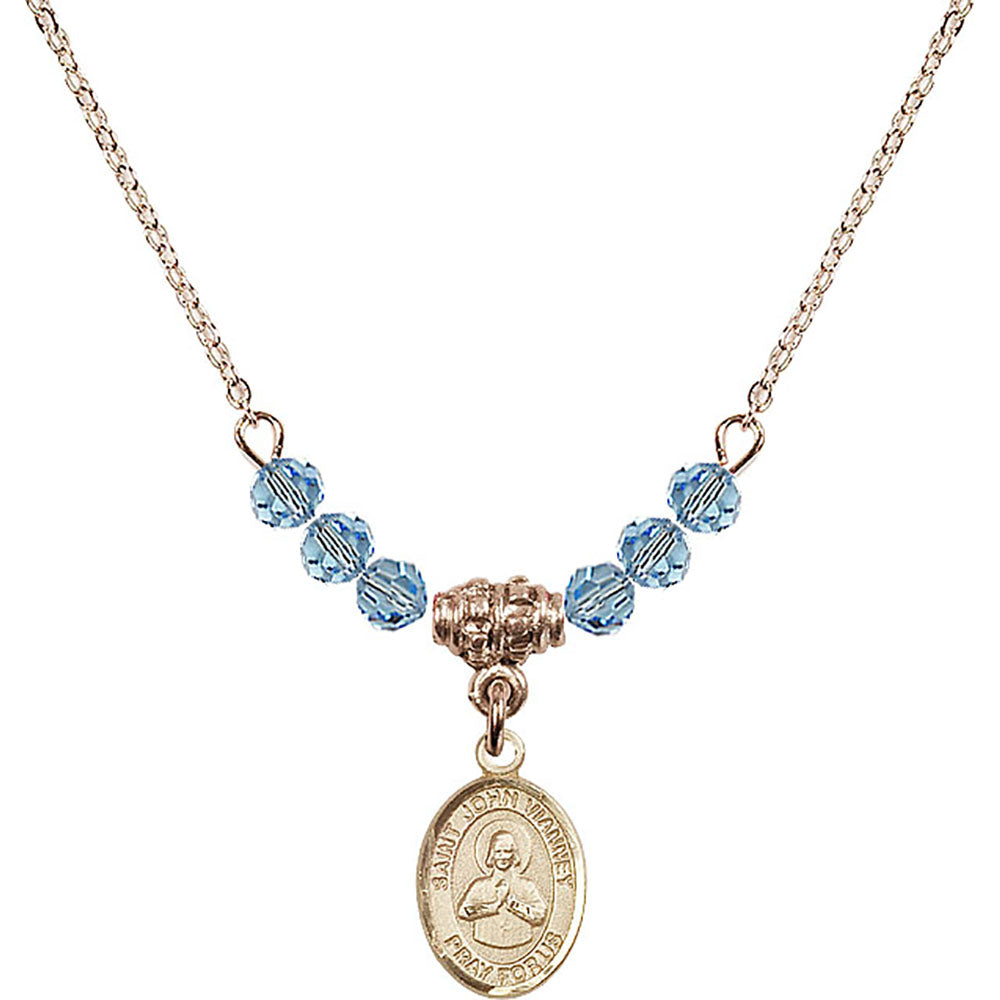 14kt Gold Filled Saint John Vianney Birthstone Necklace with Aqua Beads - 9282