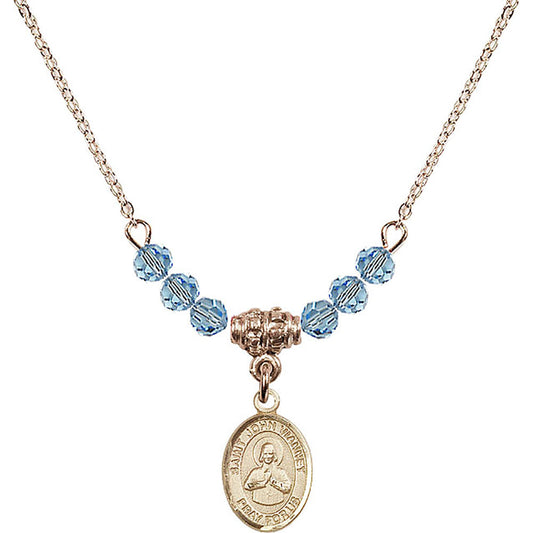 14kt Gold Filled Saint John Vianney Birthstone Necklace with Aqua Beads - 9282