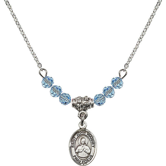 Sterling Silver Saint John Vianney Birthstone Necklace with Aqua Beads - 9282