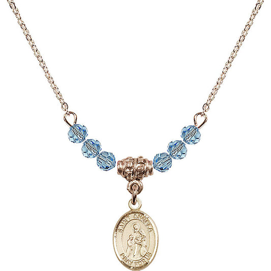 14kt Gold Filled Saint Angela Merici Birthstone Necklace with Aqua Beads - 9284