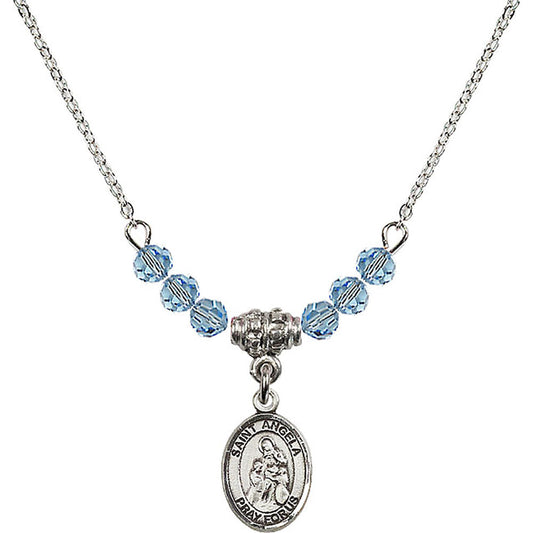 Sterling Silver Saint Angela Merici Birthstone Necklace with Aqua Beads - 9284