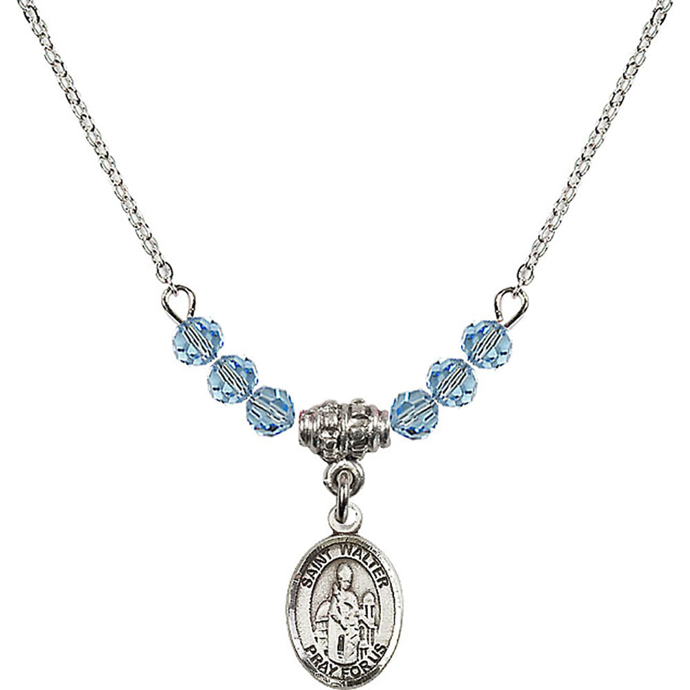 Sterling Silver Saint Walter of Pontoise Birthstone Necklace with Aqua Beads - 9285